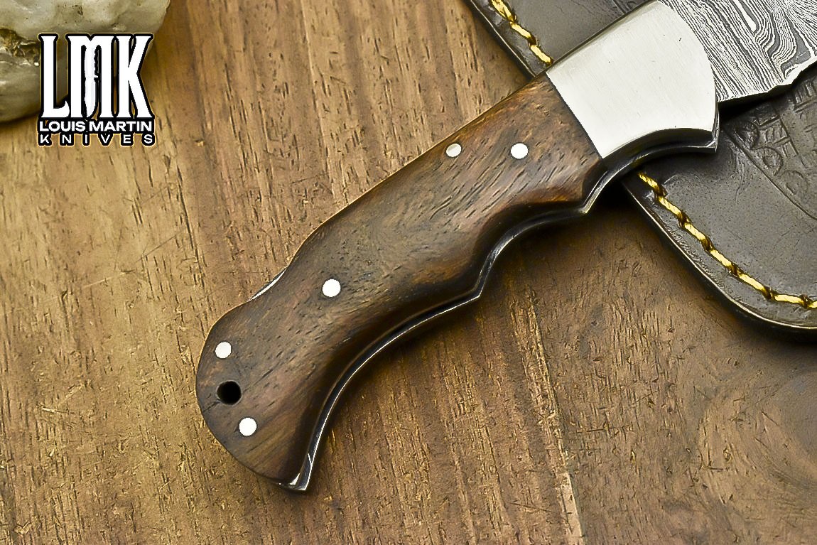LMK Handmade Twist Damascus Folding Knife Walnut Wood Back Lock EDC
