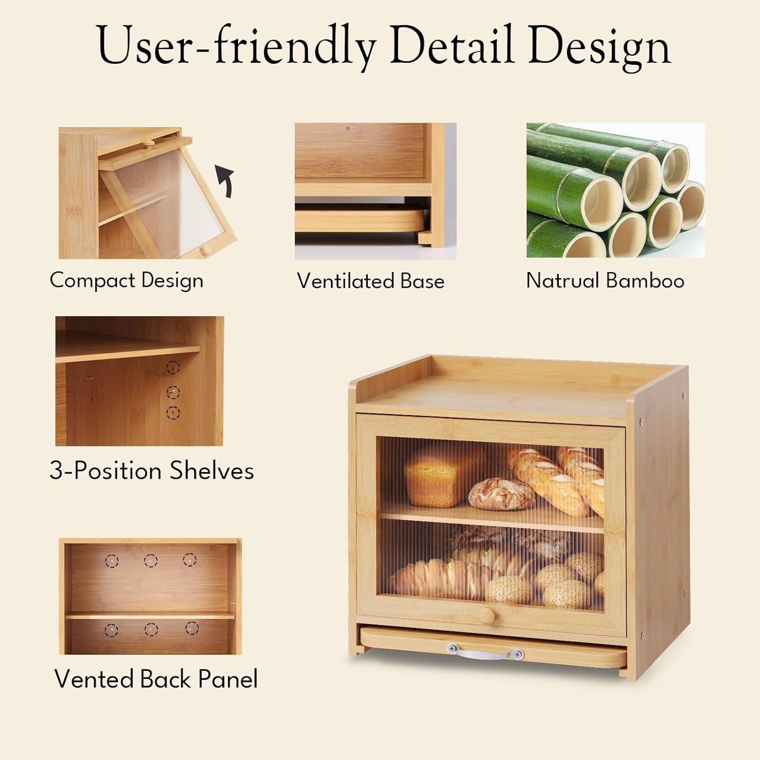 Bamboo Bread Box for Kitchen Countertop, Double Layer Kitchen Counter Organizers