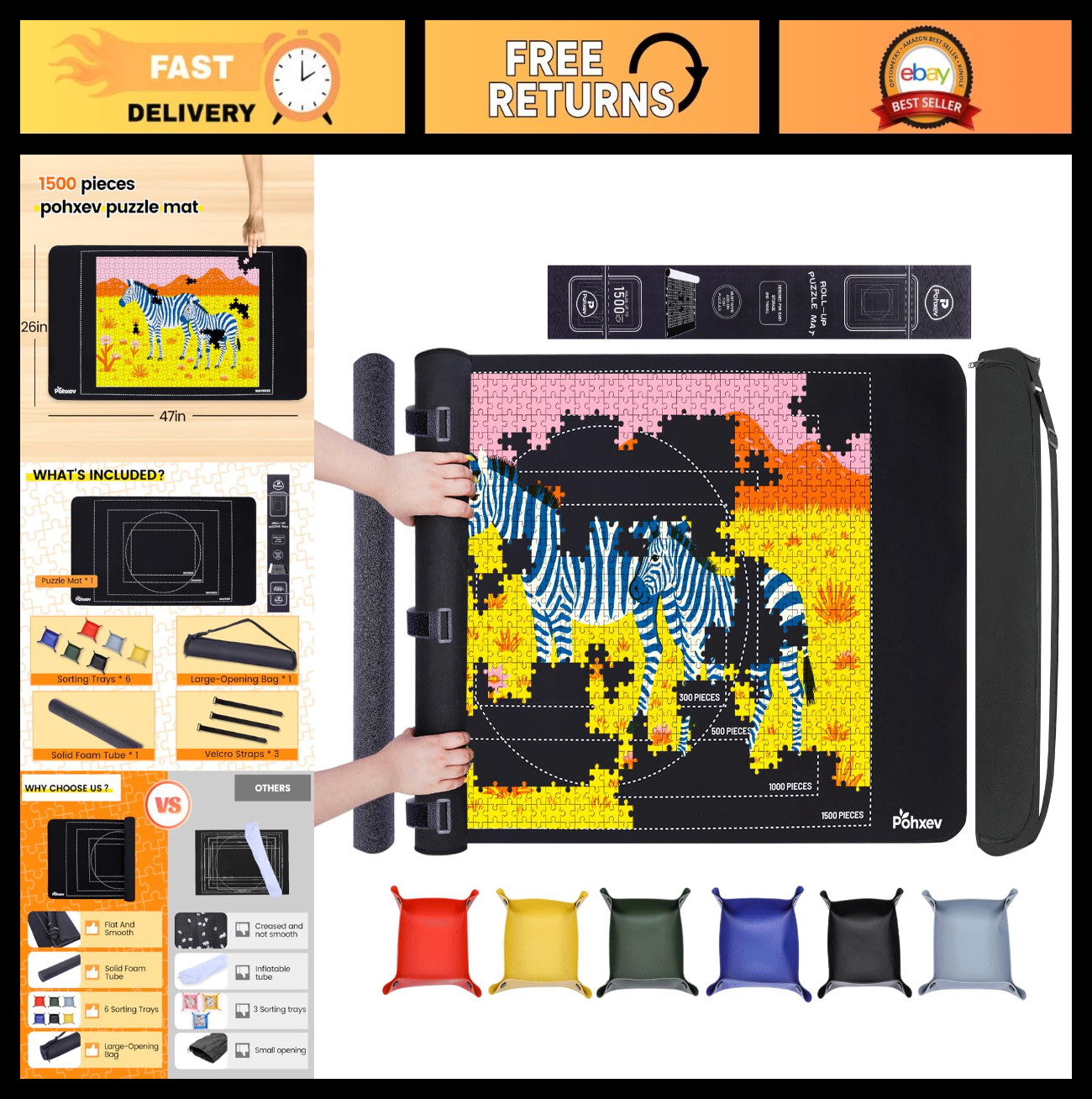 Rubber Puzzle Mat Roll Up 46"x26" for 500-1500 Pieces, Travel Storage Bag & 6 So