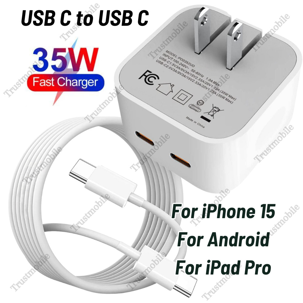 For iPhone 15 Pro Max Plus Samsung 35W Dual USB-C Fast Charger PD Type-C Cable