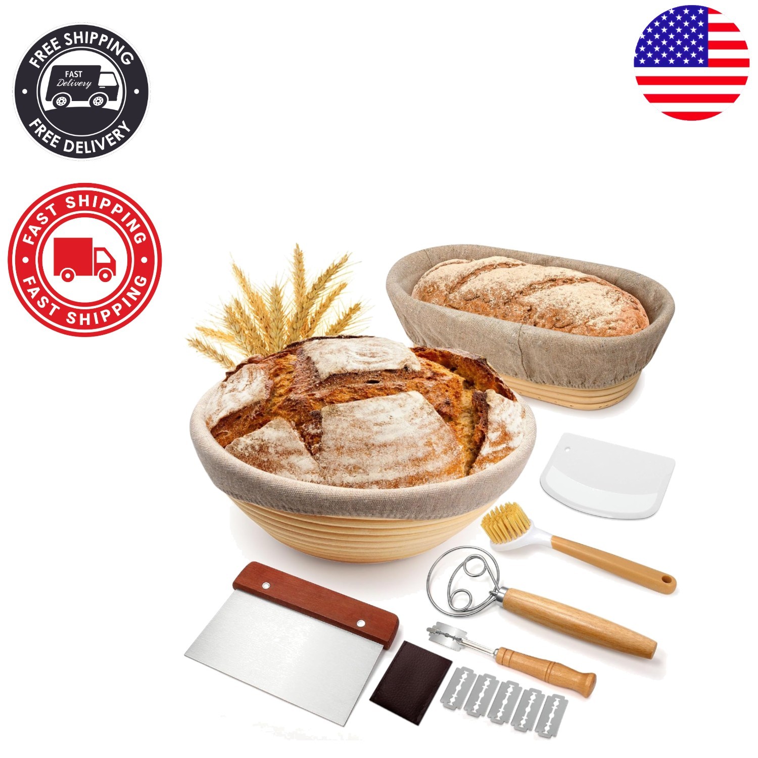 Natural Rattan Sourdough Proofing Baskets with Essential Baking Tools – 9 Pieces