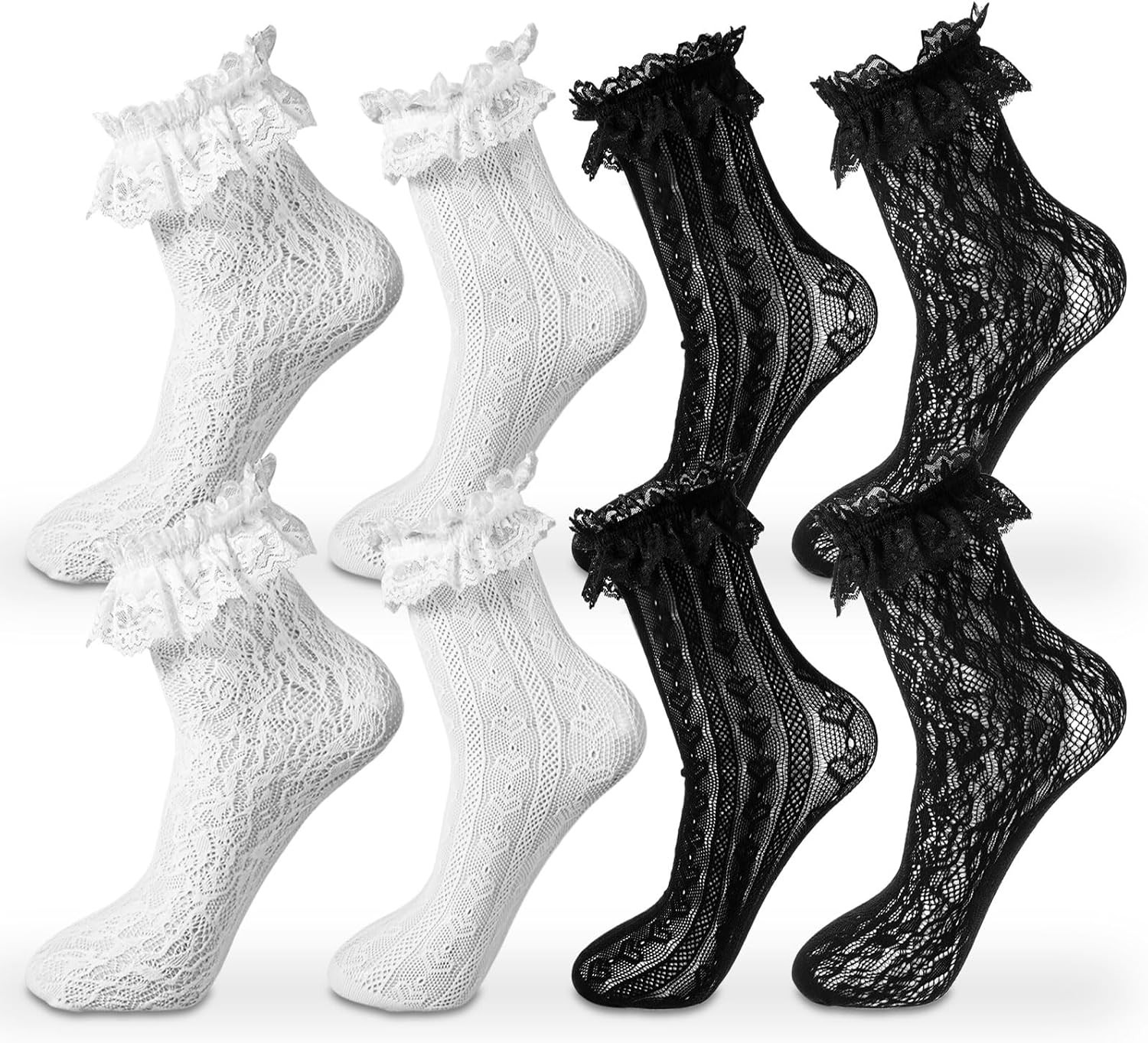 4 Pairs Lace Ruffle Socks Lace Socks for Women Ankle Ruffle,White Black Mesh Coq