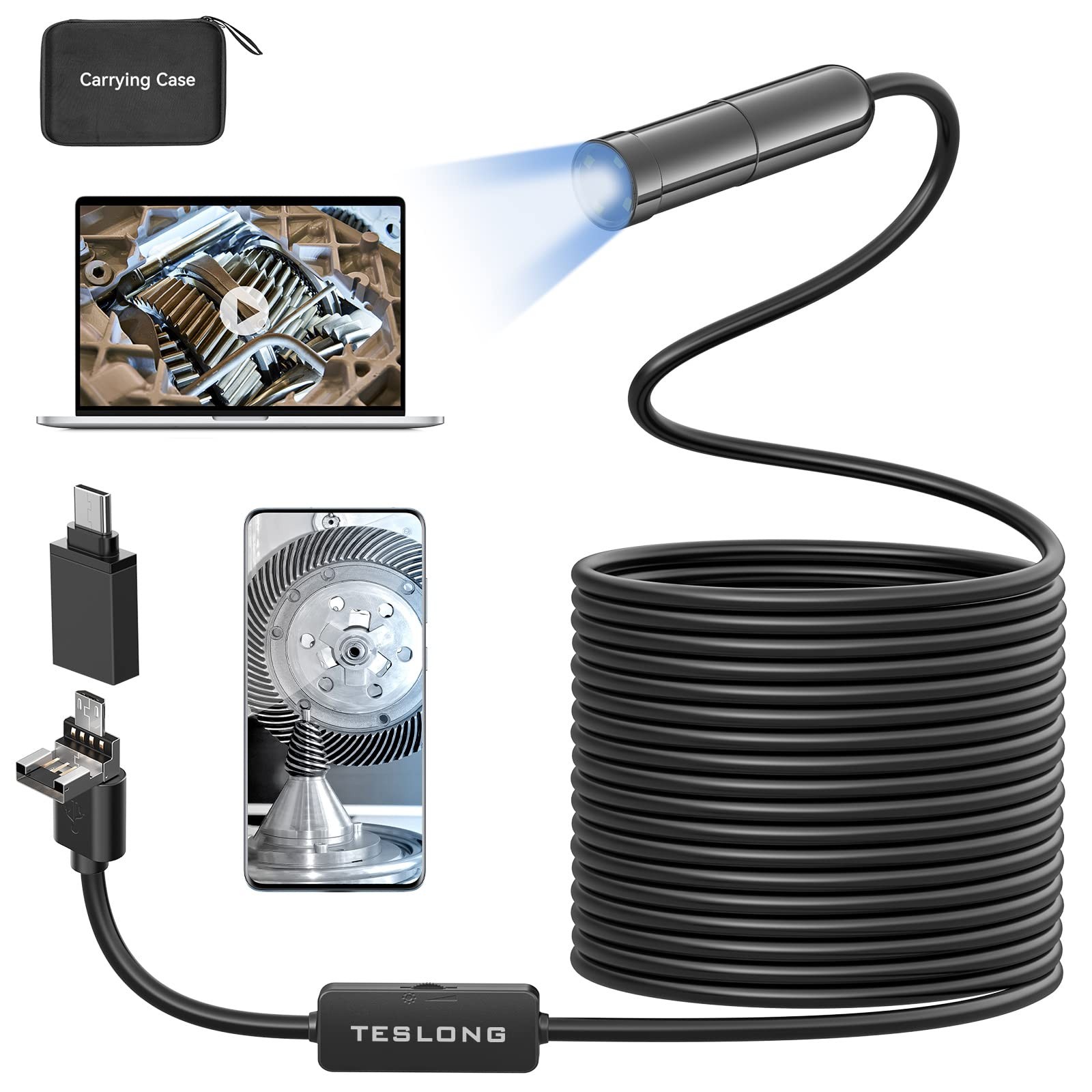 5MP Auto-Focus Endoscope, Teslong 3rd Generation USB Borescope with 5.0 black