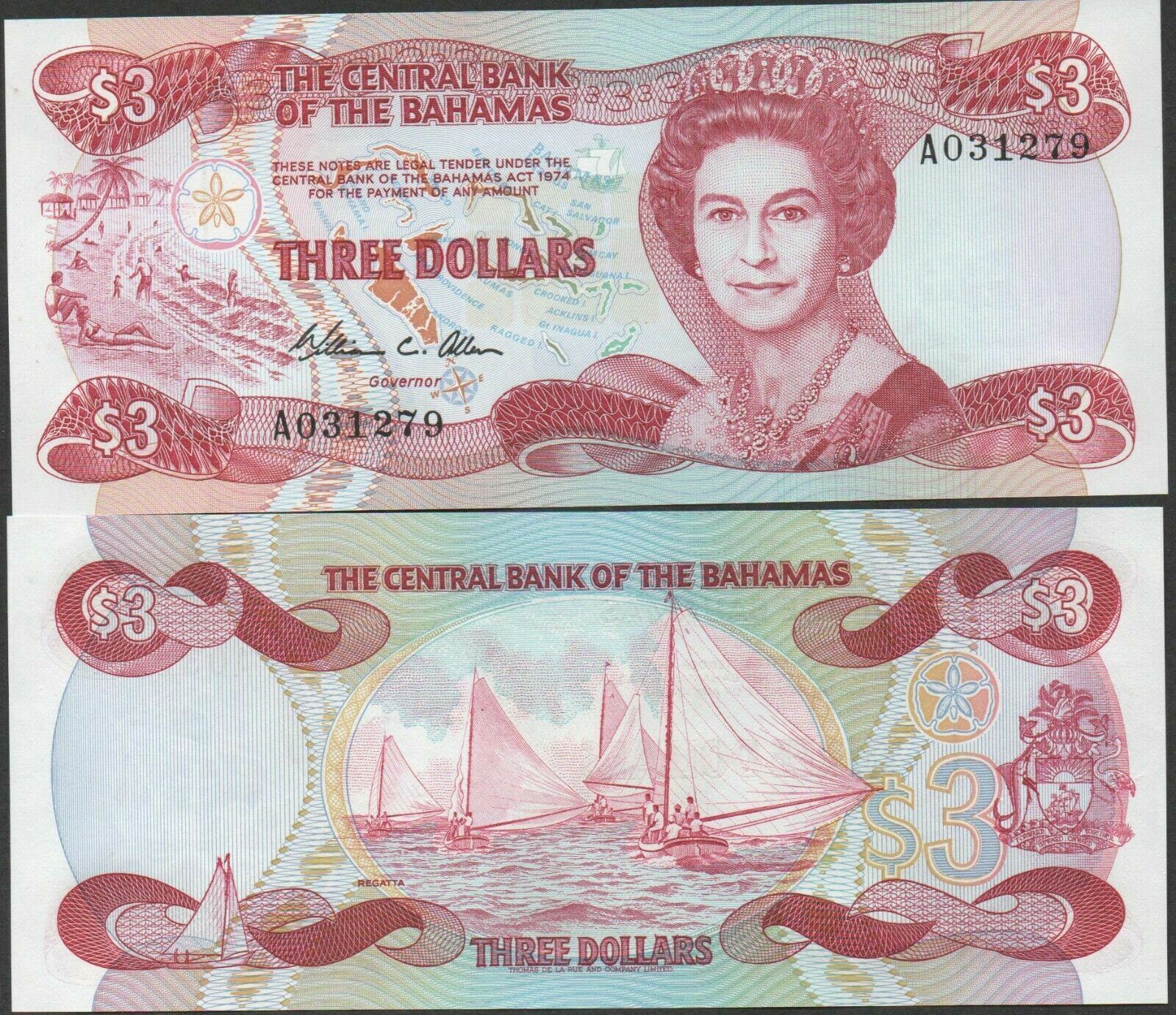 Bahamas  $3  L. 1974 / 1984  P 44a  Series  A  Uncirculated Banknote QZ3