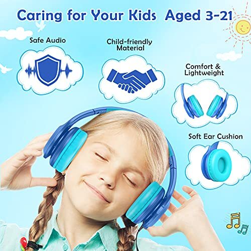 2021tooth Kids Headphones Fit for Aged 3-21, Colorful LED Lights Comfort Blue