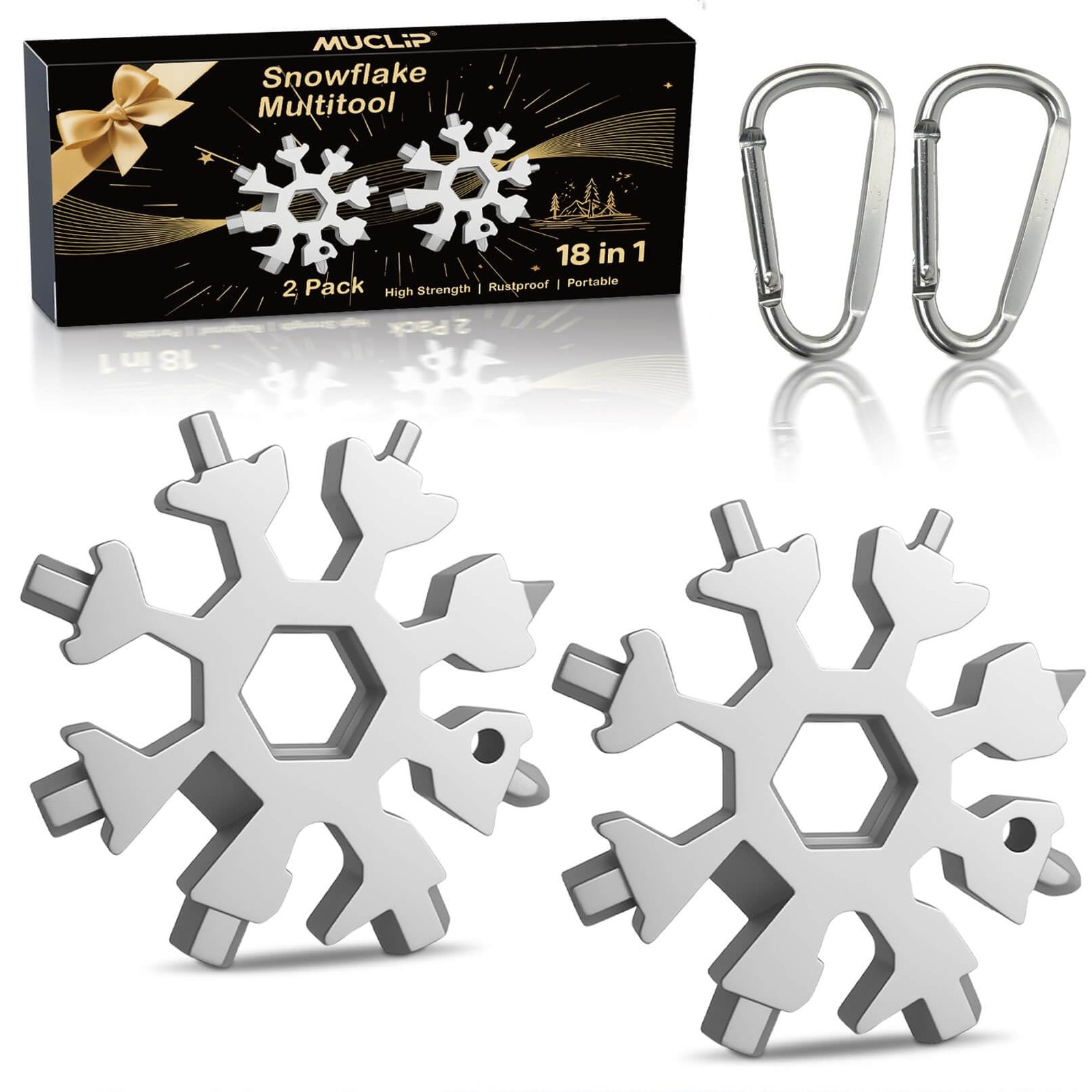 MUCLIP 18-in-1 Snowflake Multi Tool with Keyring and Carabiner, Silver‌