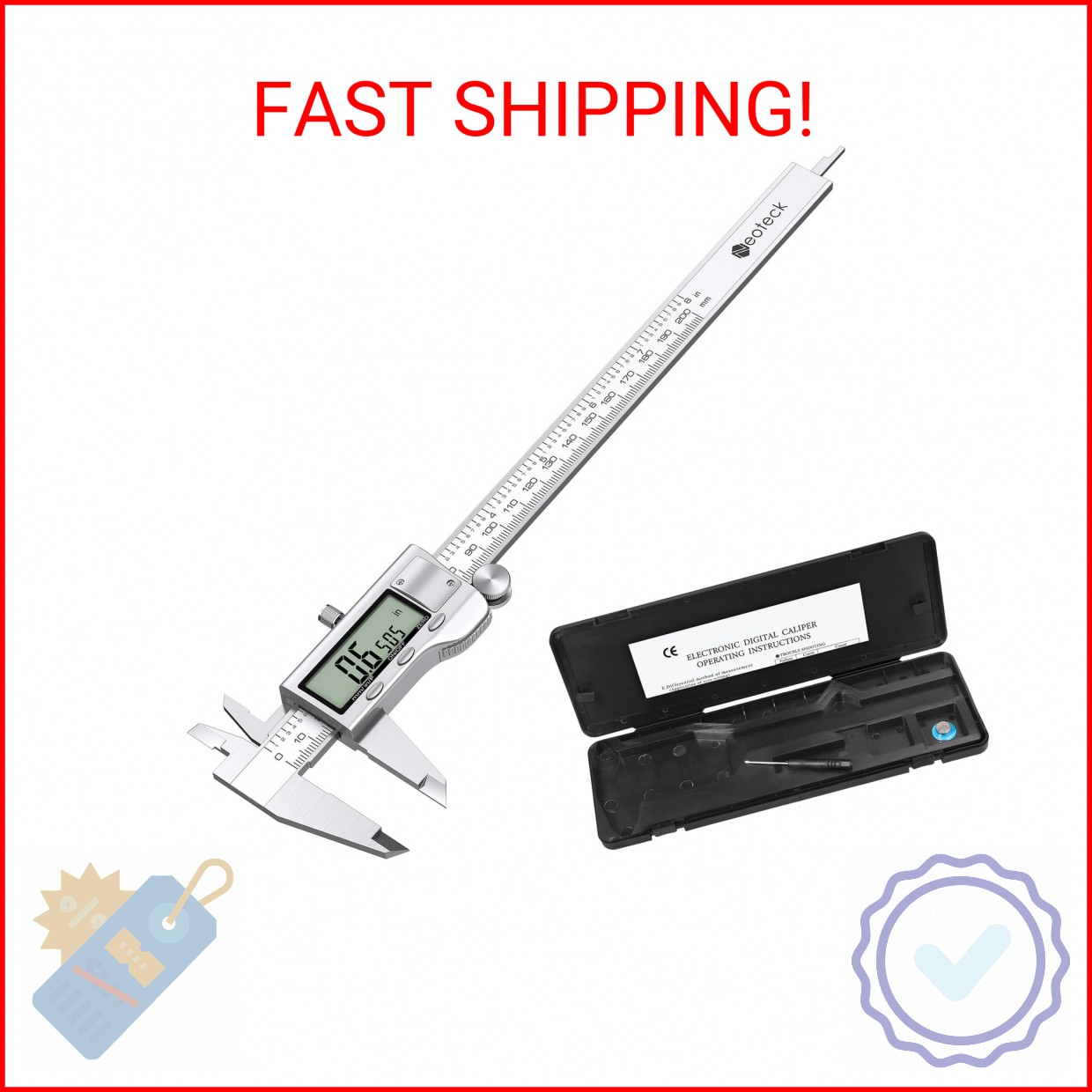 Neoteck 8 inch Digital Caliper Vernier Caliper Stainless Steel LCD Display Digit