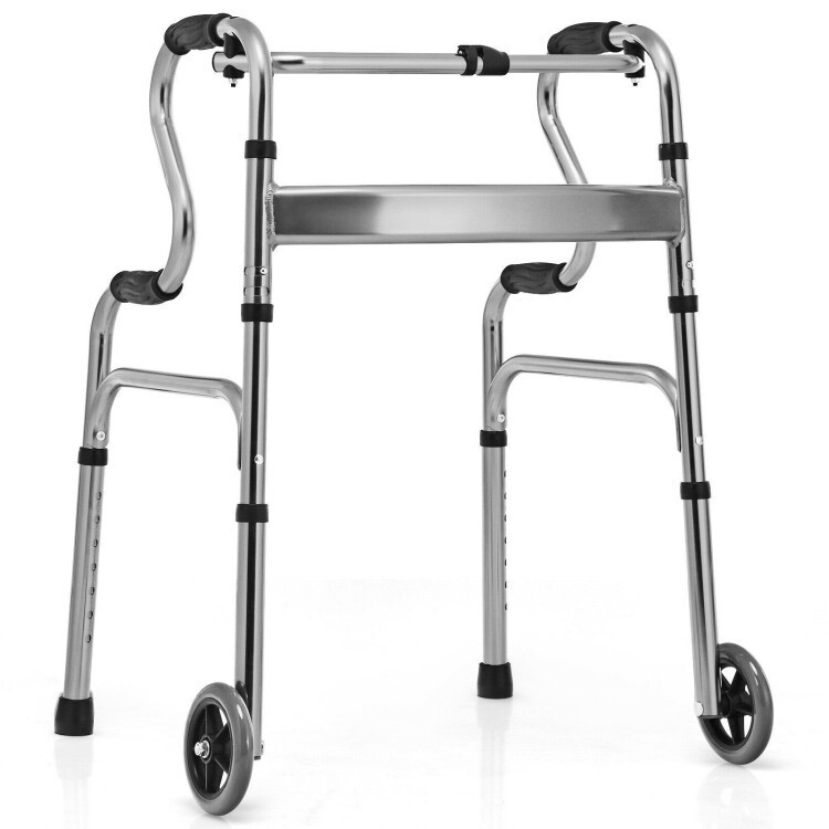 Adjustable Heavy-Duty Folding Walker W/ Unidirectional Wheels & Bi-Level Armrest