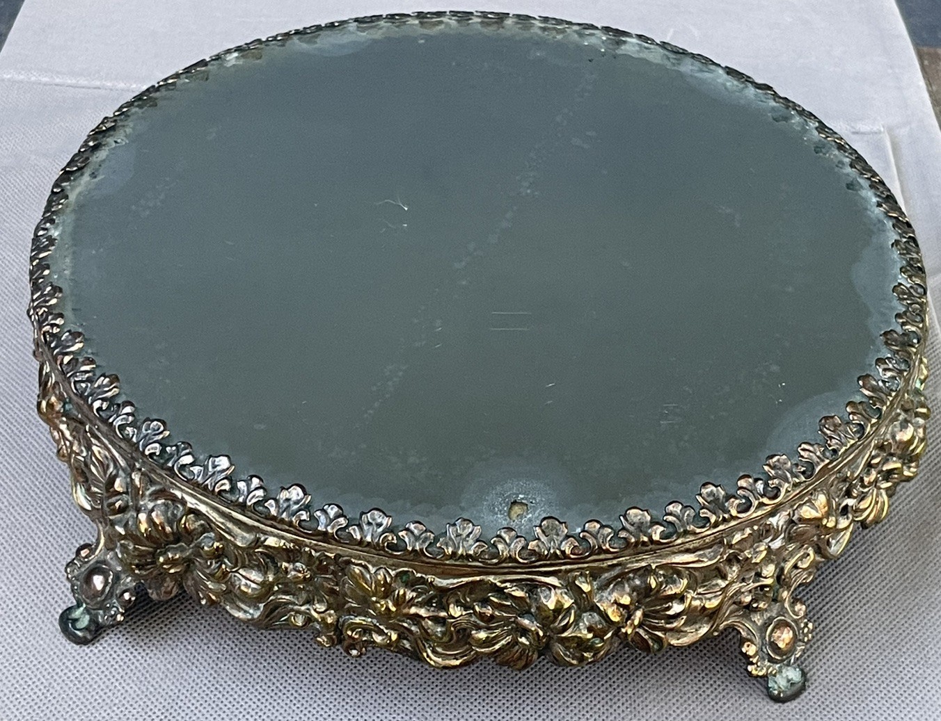 Antique Victorian Dresser Vanity Tray Mirror Brass Flowers Chunky Ornate Footed