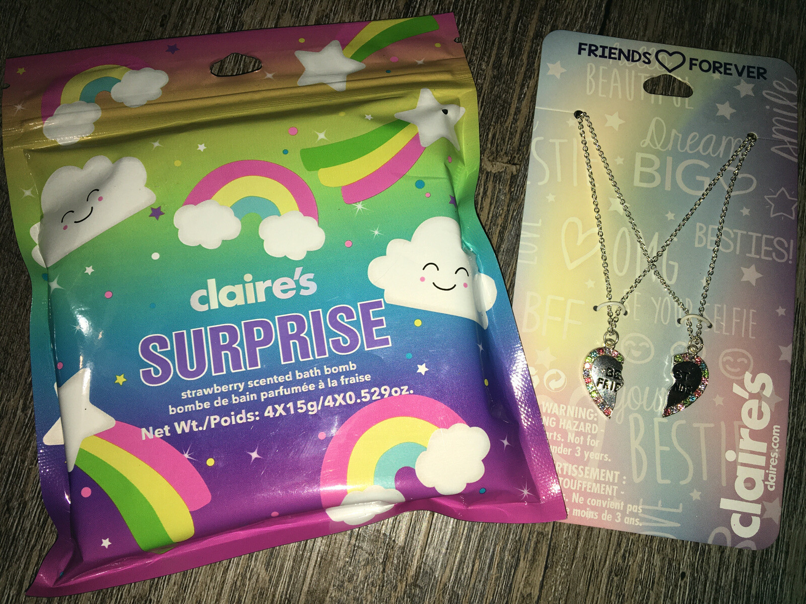Claire’s Best Friend Bff Rainbow Heart Necklace Set Surprise Bath Bomb Spa Lot