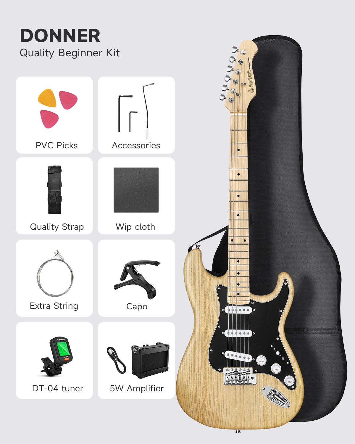 Donner DST-80 Electric Guitar For Sale SSS Pickup Wood Grain Amp & Accessories