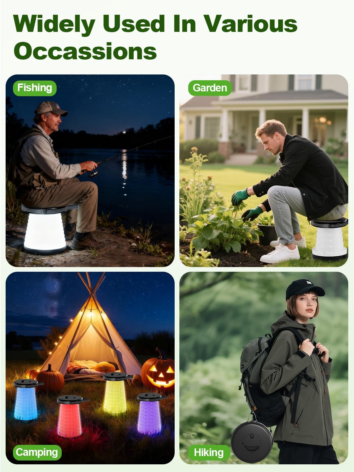 Collapsible Camping Stool with Lights, Adjustable Height, Portable Folding Chair