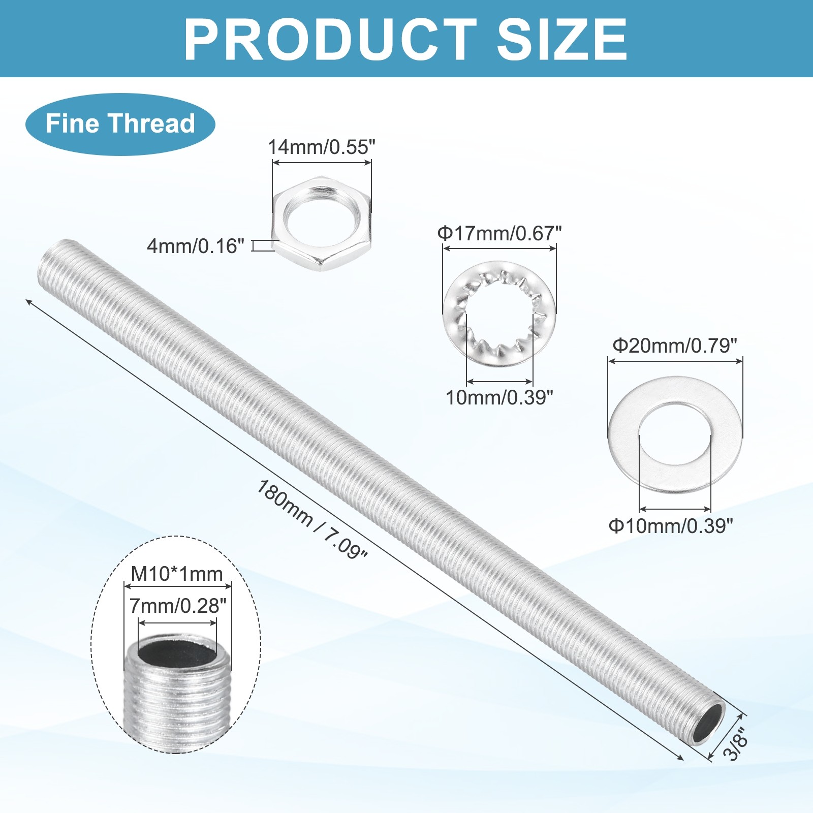 21Pcs 7.1" M10 Lamp Pipe Kit with Lock Nuts Washers for Assembly, Silver