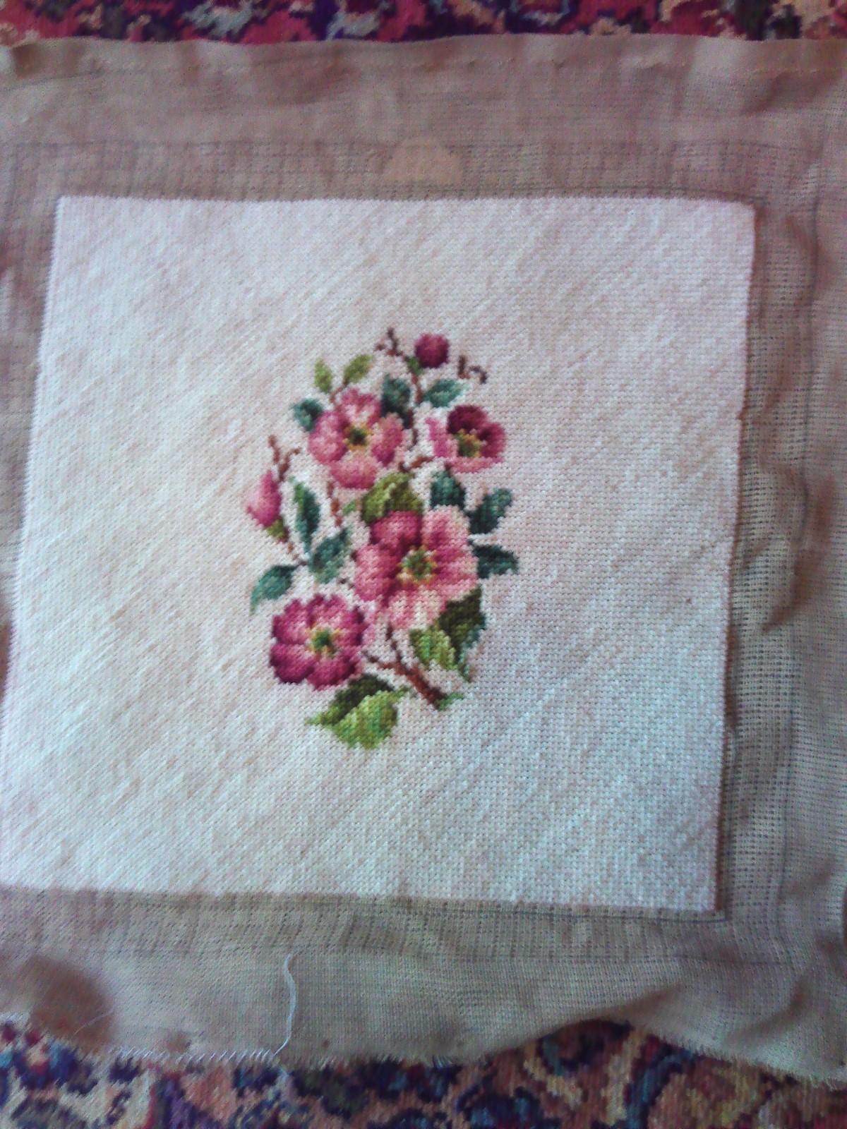 Vintage Floral Pre-worked Needlepoint Canvas with Wool Yarn Ready to Finish