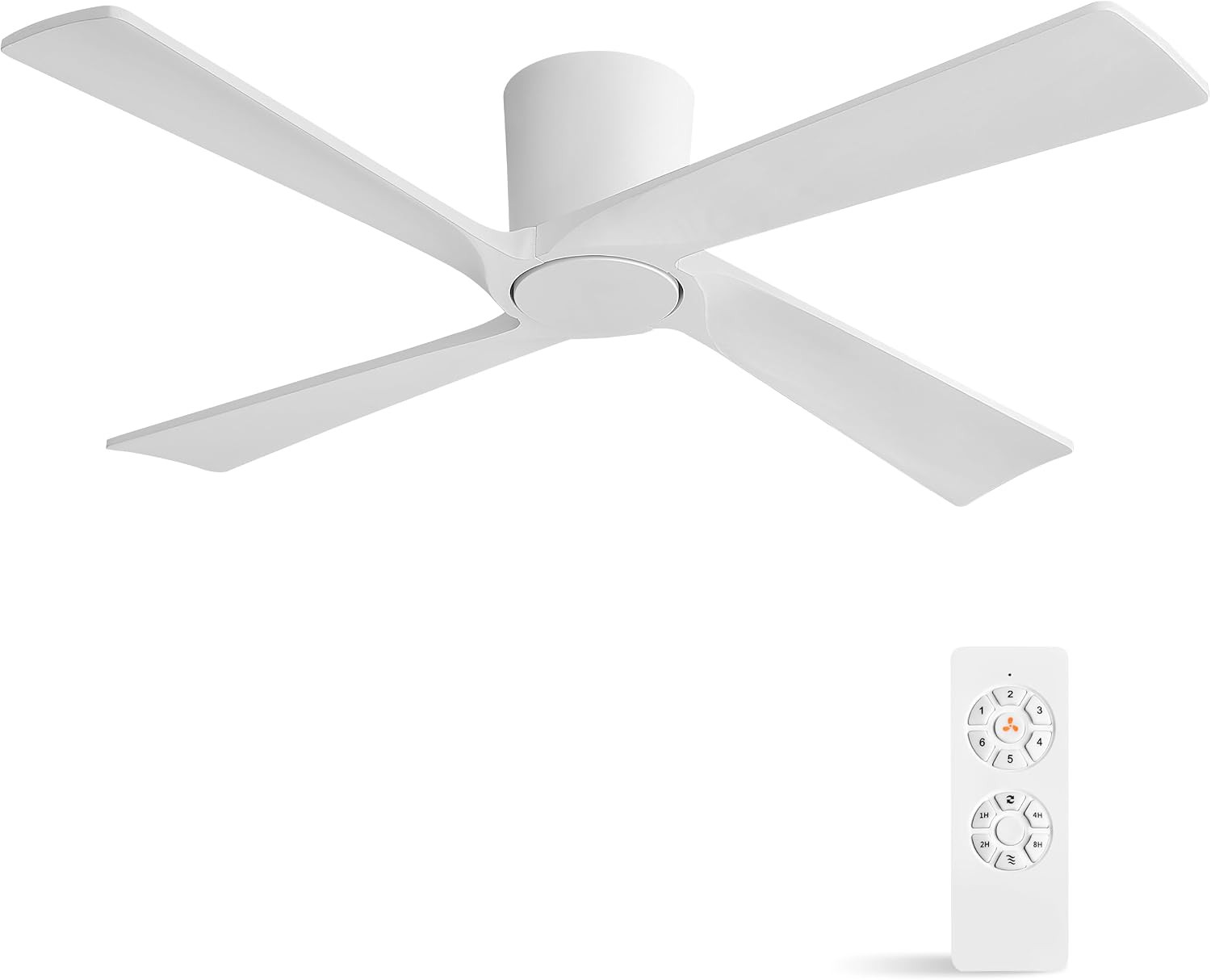 48 Inch Flush Mount DC Ceiling Fan without Lights, 4 Carved Wood Blades, 6-Speed