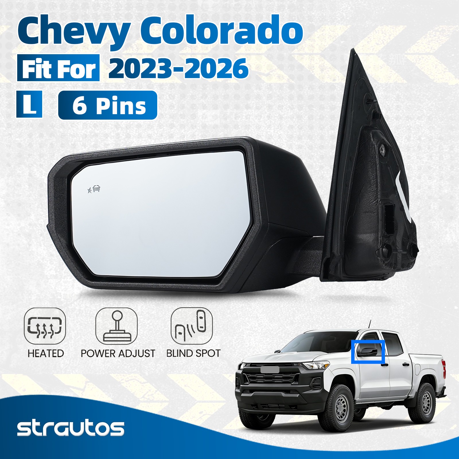 Left Side Mirror For 2023-2026 Chevy Colorado W/Heated & BSD Power Adjust 6 Pins