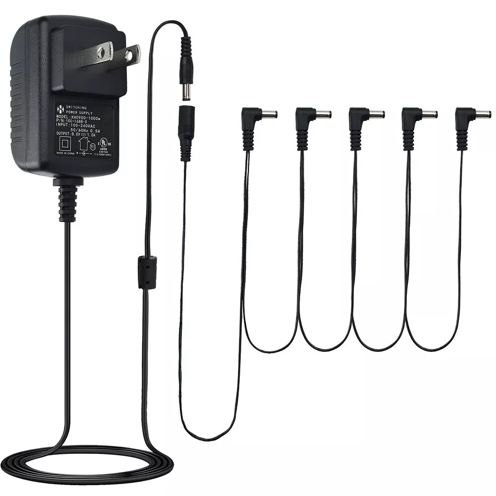 9V 1A Power Supply Multi-Plug w/ 5 Cables 9 Volt Adapter for Guitar Effect Pedal