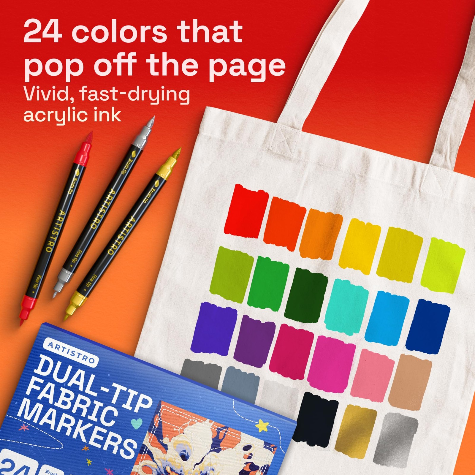 24 Dual-Tip Fabric Markers - Fabric Decorating Kit - Permanent for Clothes - ...
