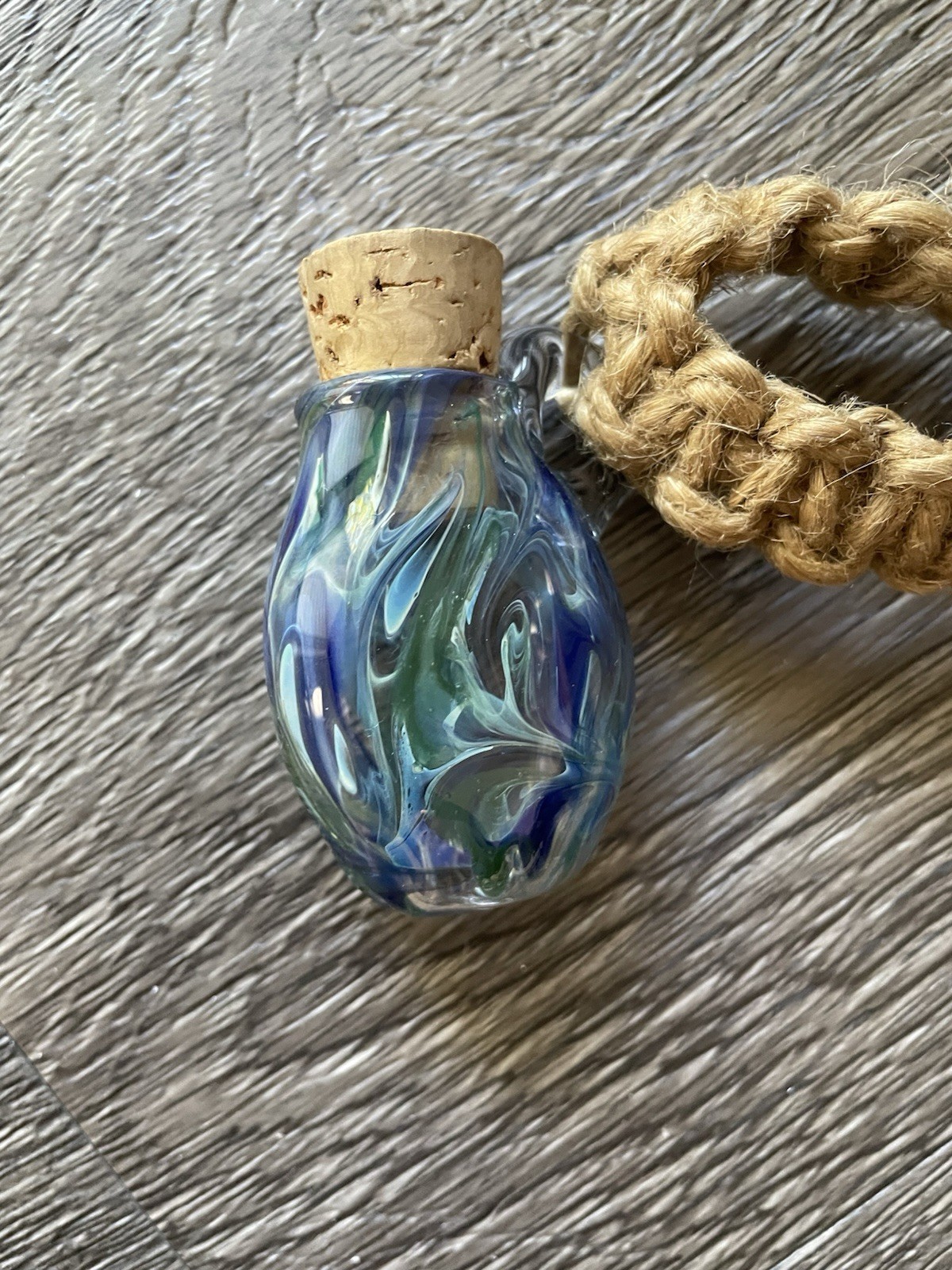 Hand Blown Glass Jar Necklace Multi Color Bright Switchback With Cork Top