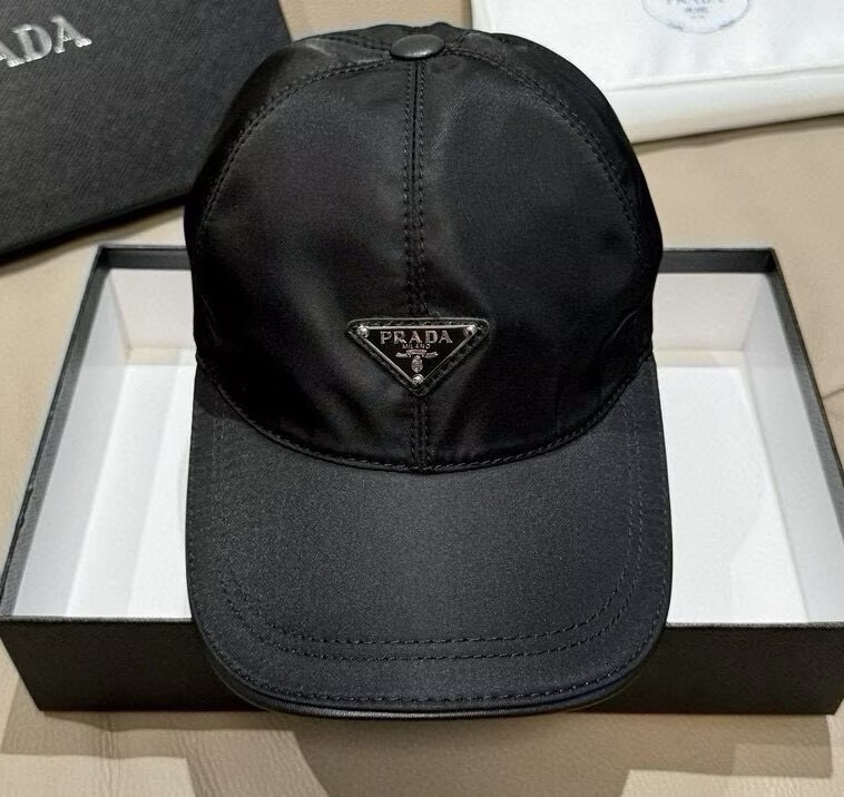 New Prada Triangle Logo Re-Nylon Black Baseball Cap Unisex Hat | Black