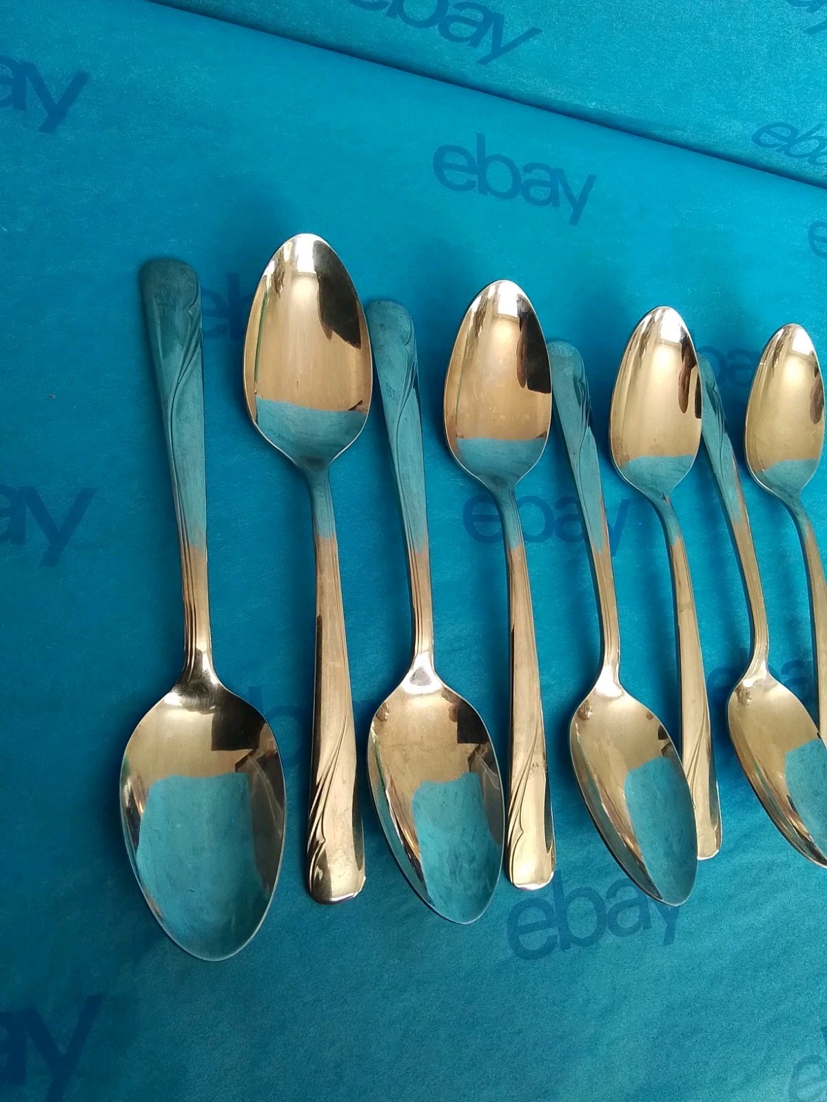 8 Oneida Oceanic Stainless Flatware Teaspoons, Glossy, Vintage, VGUC