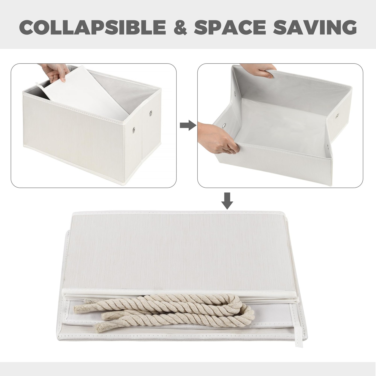 Set of 3 Fabric Bins for Organization - Foldable & Stackable With Lid & Ivory
