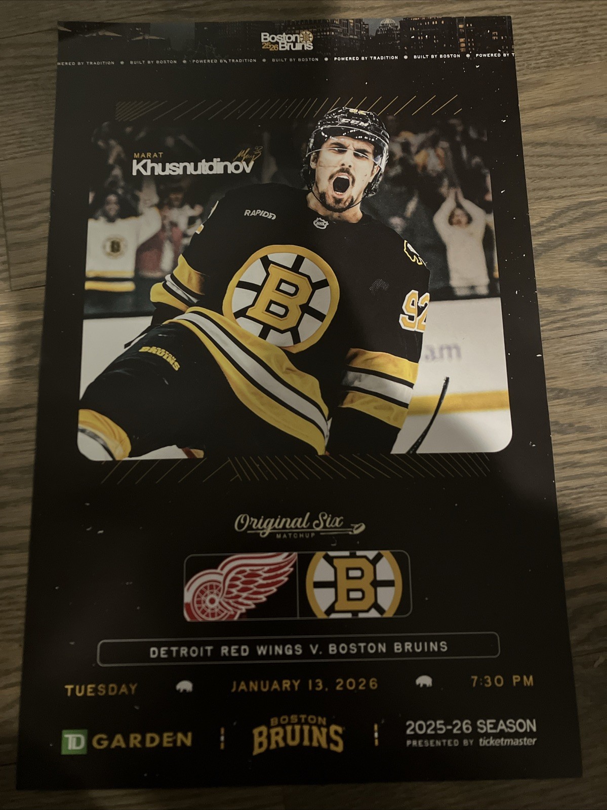 Boston Bruins Game Poster VS Detroit Red Wings 1/13/26 #92 Marat Khusnutdinov