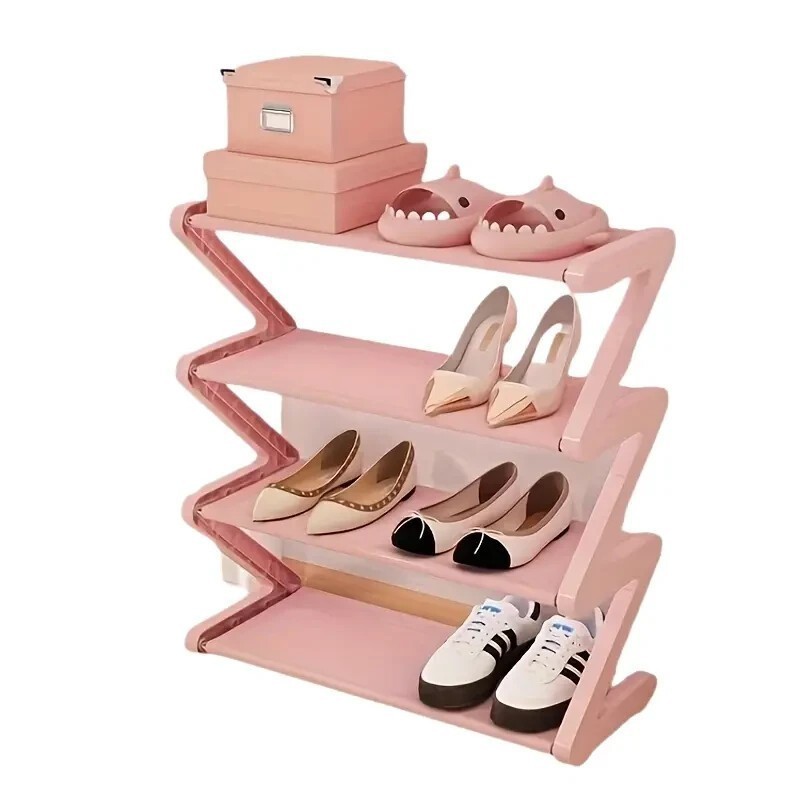 Tier Durable Plastic Z-Shaped Shoe Rack | Modern Shoe Stora Pink | Stackable-=