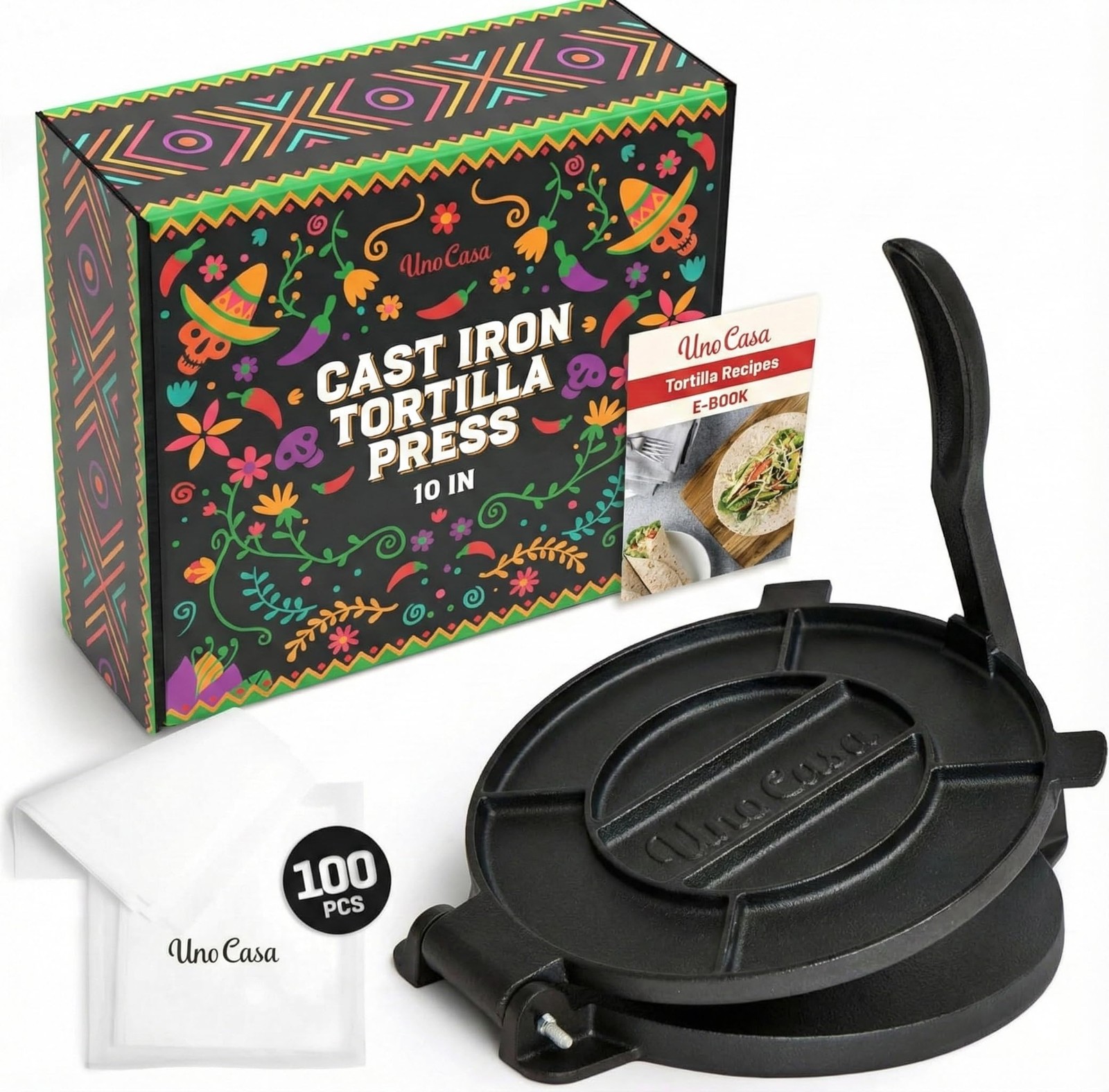 Uno Casa Cast Iron Tortilla Press 10 Inch - Maker 10 inch, Black