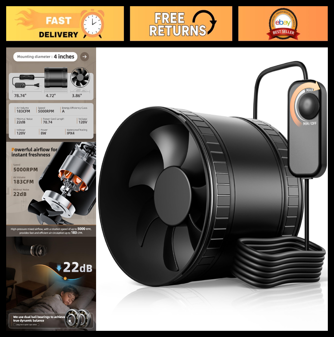 4" Inline Duct Fan Kit with Speed Controller - Quiet DC Motor for Grow Tent, Hyd