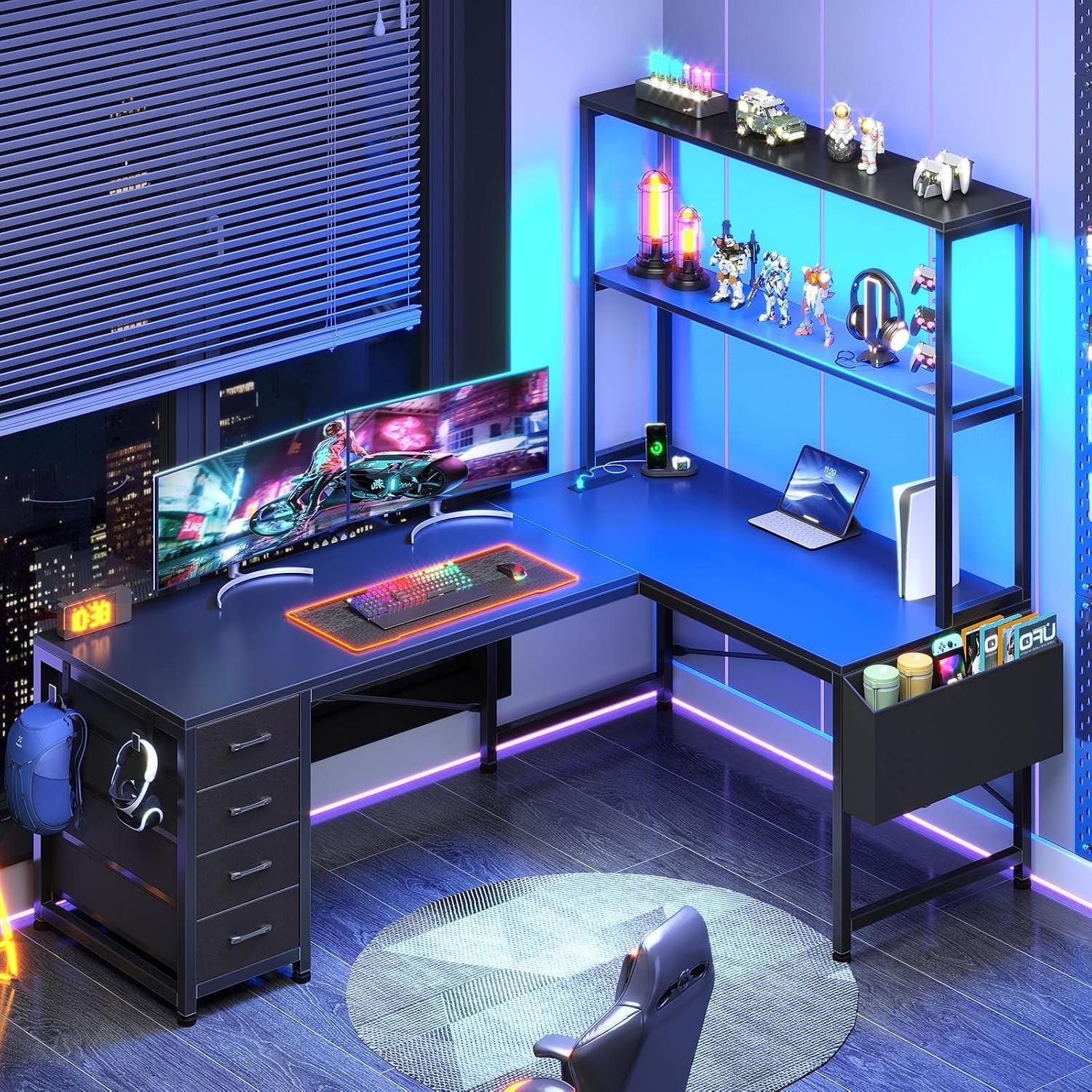 L Shaped Gaming Desk, 51.2" Reversible Small Corner Desk w/4 Drawers &LED Lights