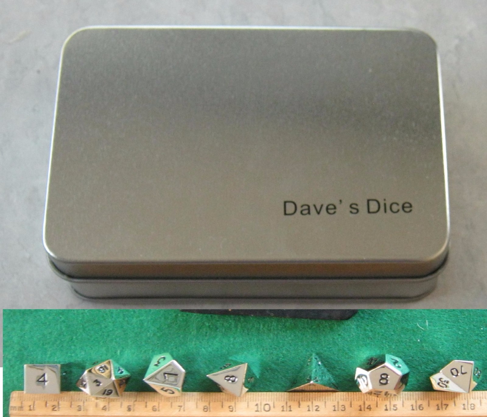 Set of 7 Silver Colored Polyhedral Metal Dice (14mm d6, RPG dnd Dice) with tray