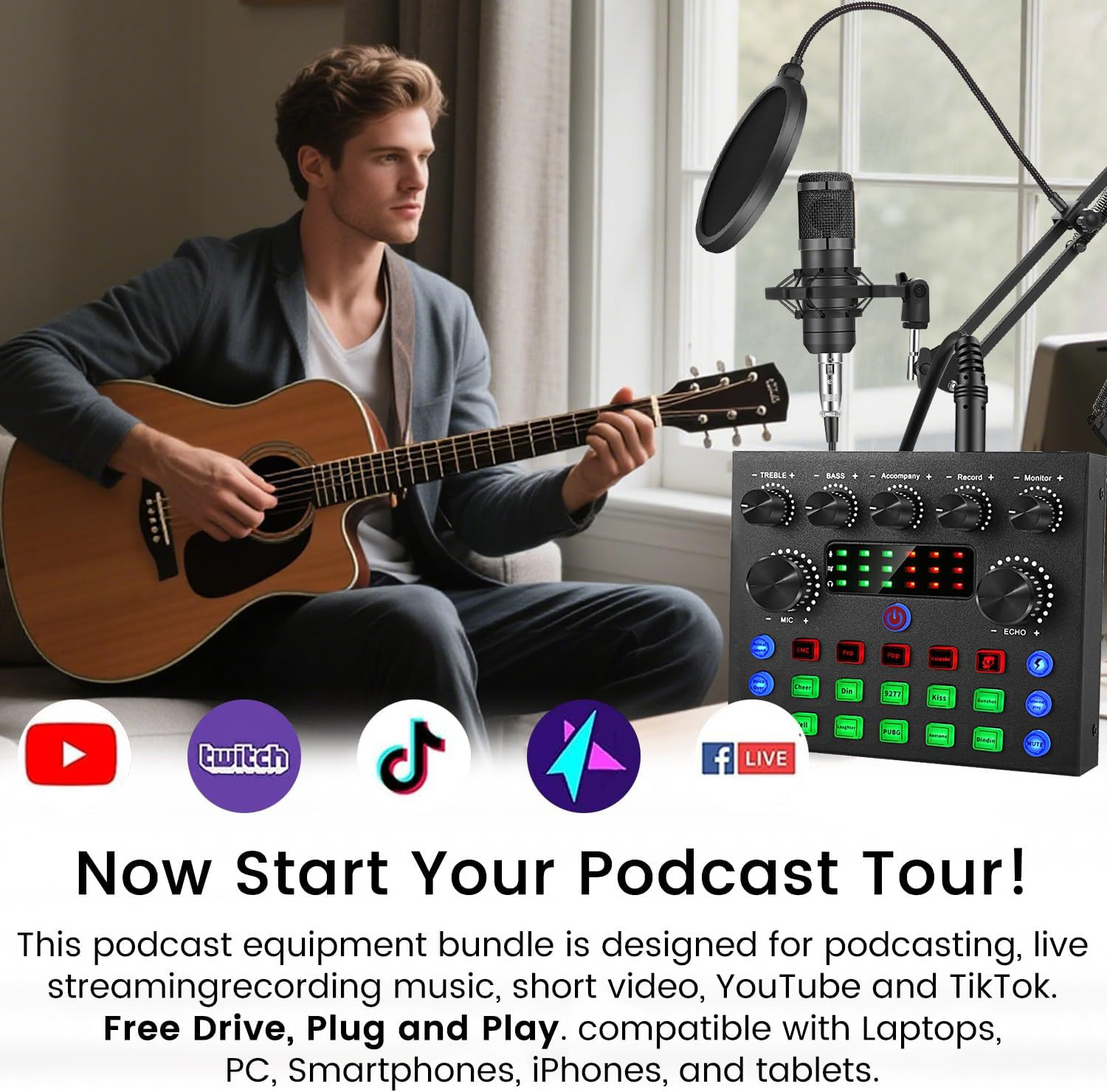 Podcast Equipment Bundle, Recording Studio Package with Podcast Microphone