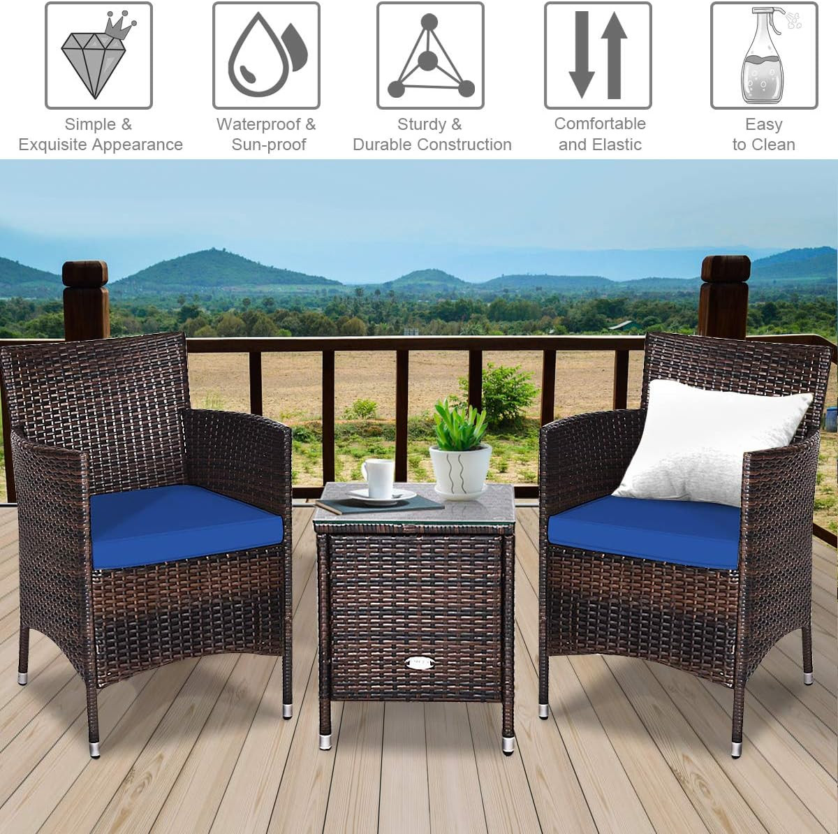 Navy 3-Piece Outdoor Wicker Conversation Set with Glass Table & Cushions