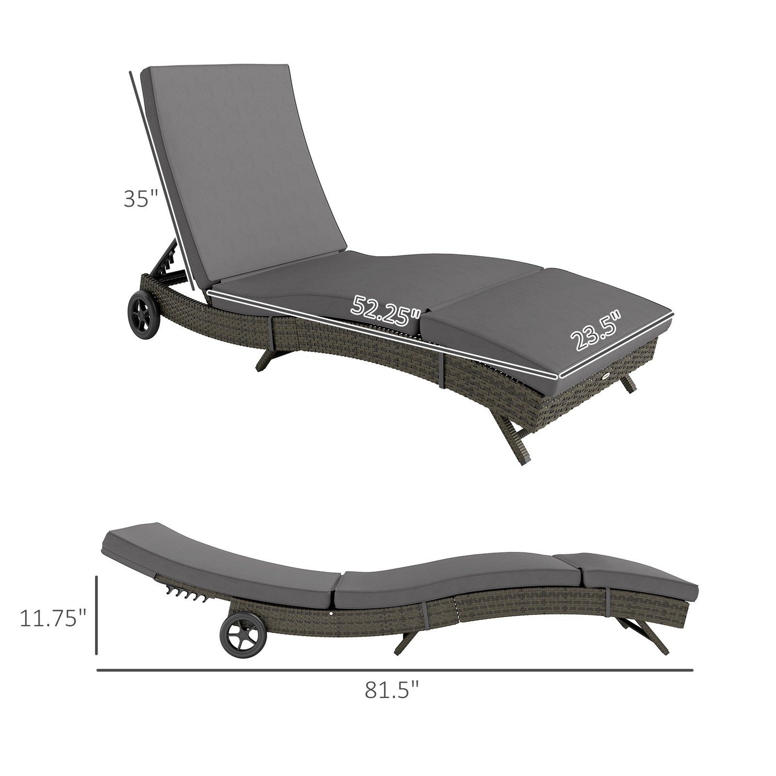 Outdoor Reclining Lounge Chair, PE Wicker, Rolling Wheels, Patio, Grey