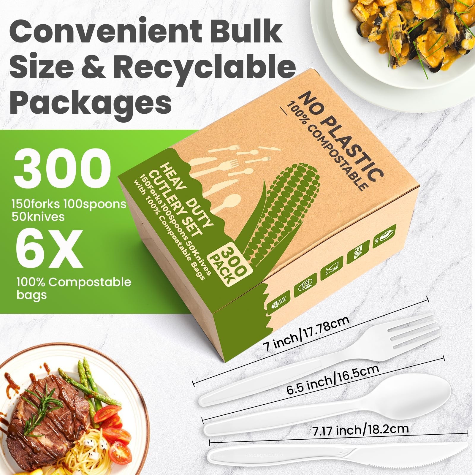 Compostable Utensils Set (300Pack), Heavy Duty & Eco-Friendly No-Plastic Spoo...