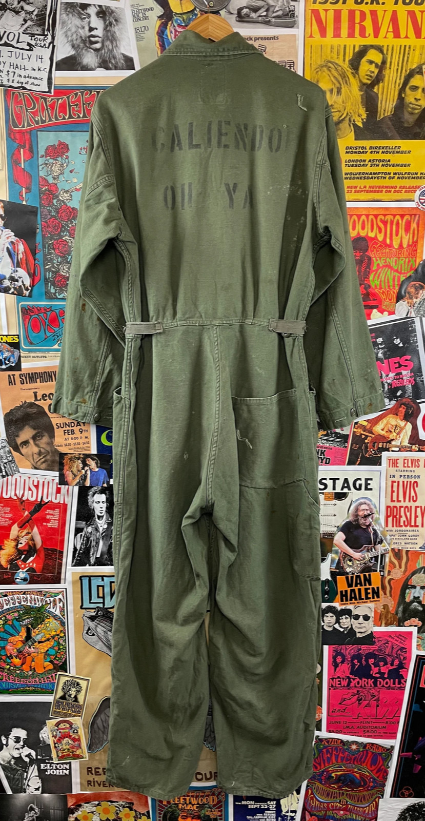 VTG OG Green Cotton Sateen Type 1 Stenciled Military Coveralls Utility Mens LG