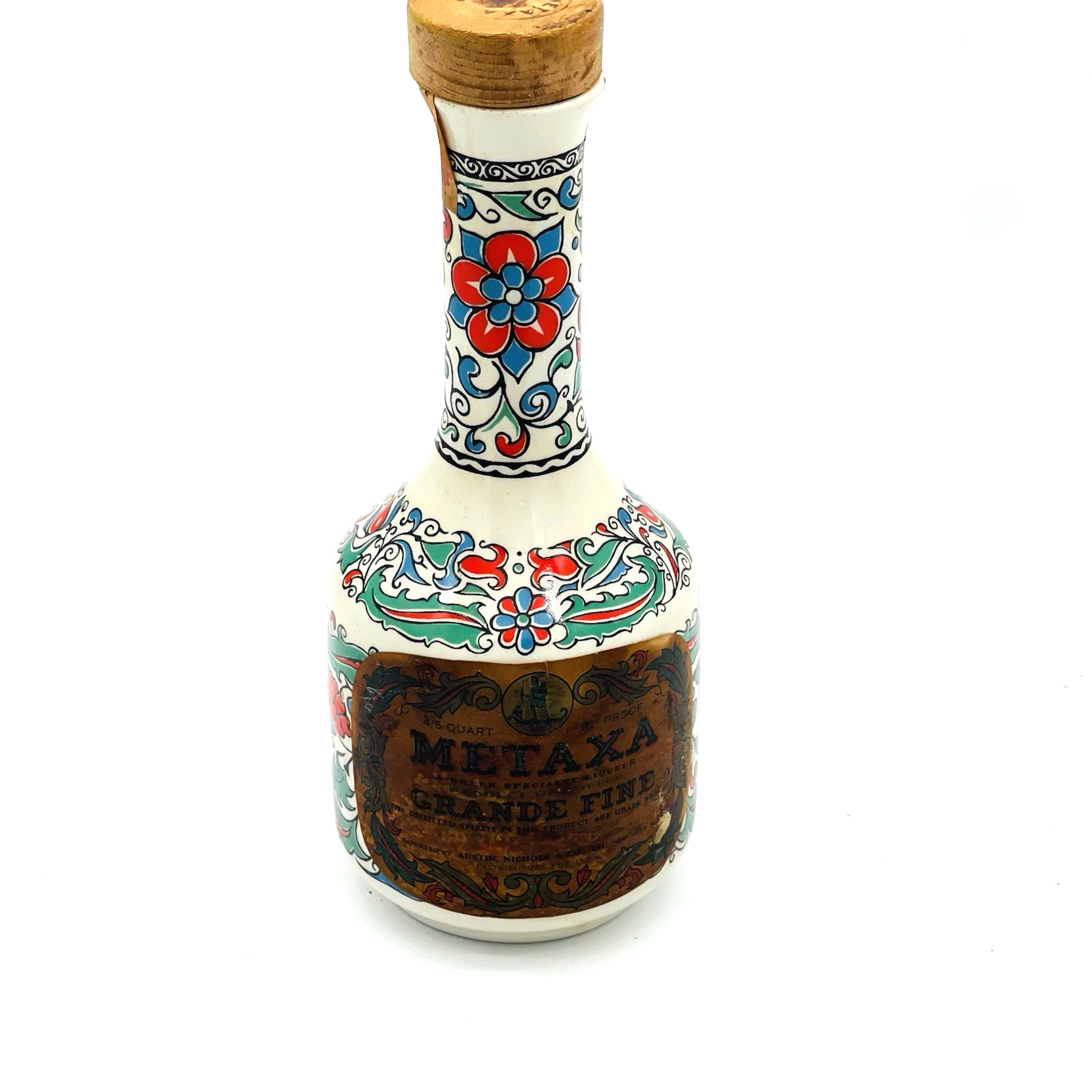 Vtg Metaxa Hand Made Porcelain Bottle w/original Cork Stopper No Chips Or Cracks
