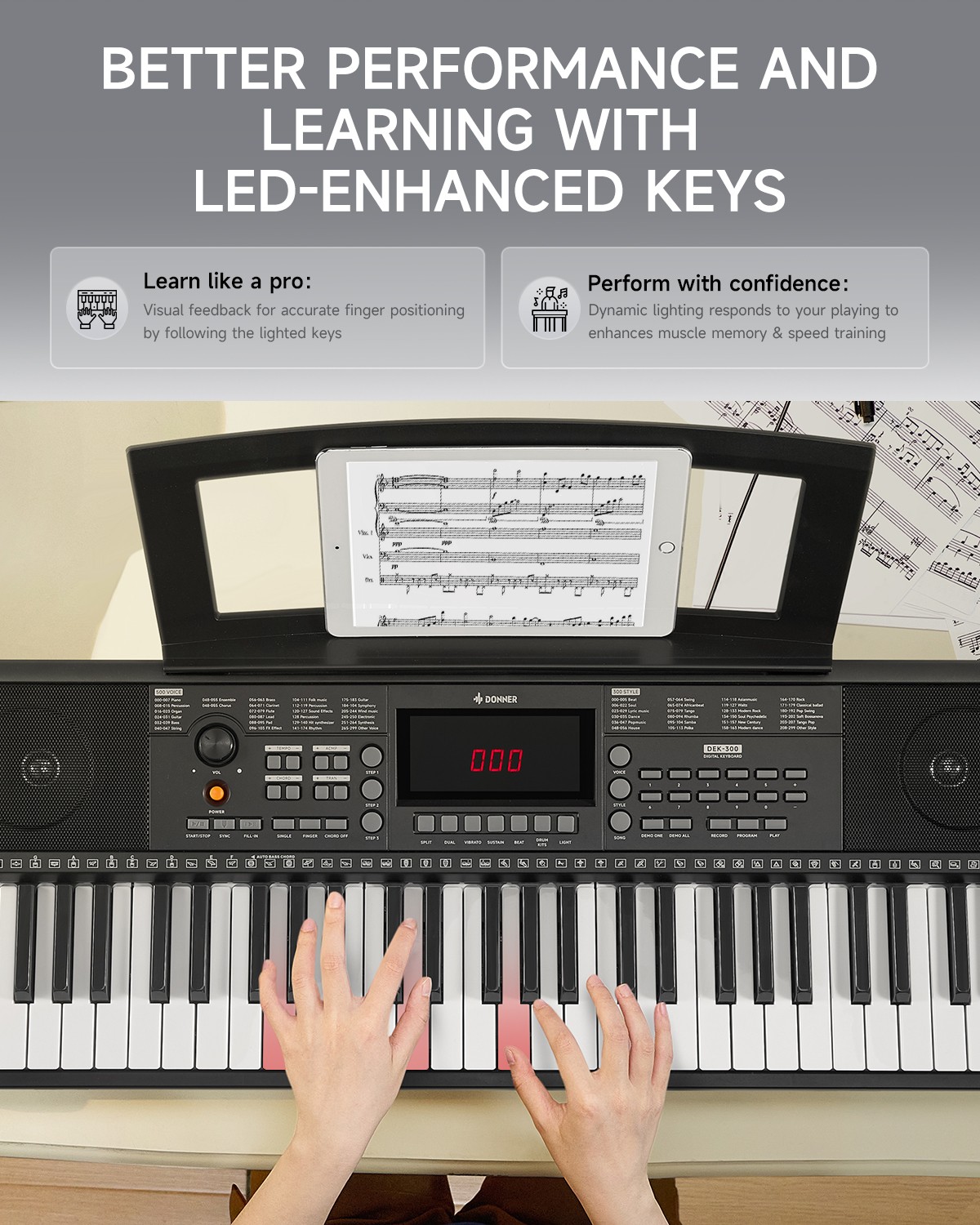 🎹 Donner DEK-300 Digital Keyboard Piano 61 illuminated Key With Stand Bench Mic
