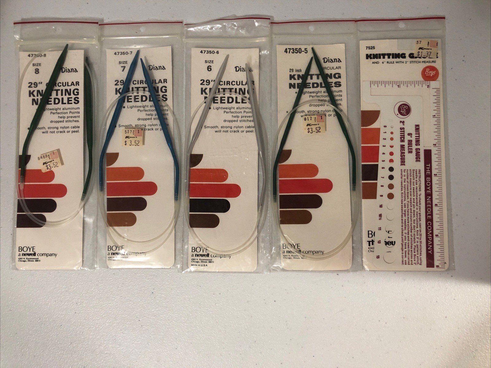 Knitting Needles Circular Boye (Diana) 29” Sizes 8,7,6,5 & Boye Knitting Gauge