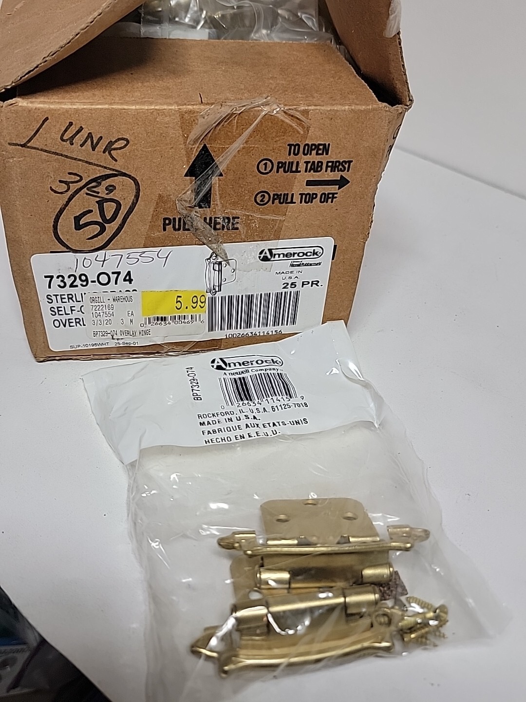 25 PAIRS BP7329-O74 Amerock Sterling Brass Flush Face Mount Hinges Self-Closing