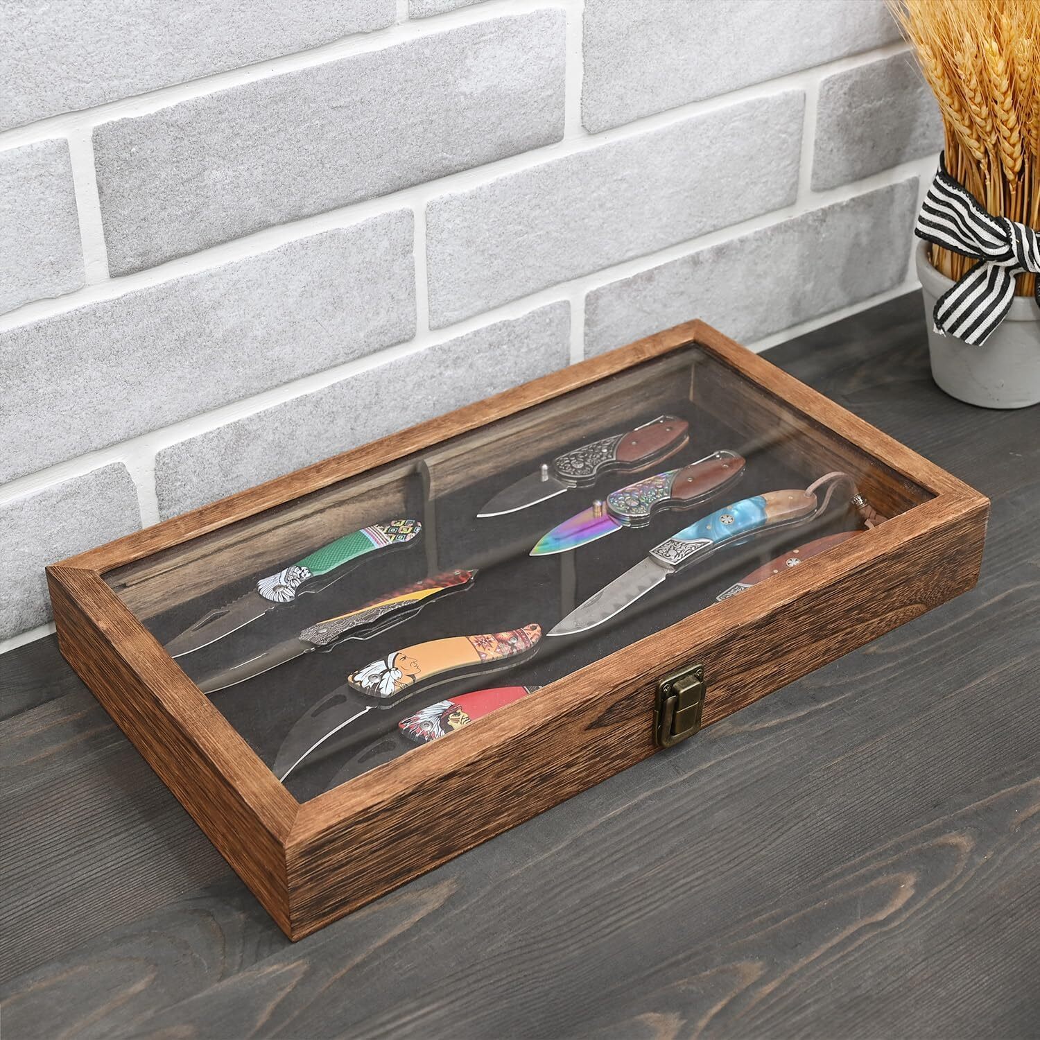 Knife Display Case Wood Gun Challenge Coins Rocks Pistol Watch Glass Shadow Box