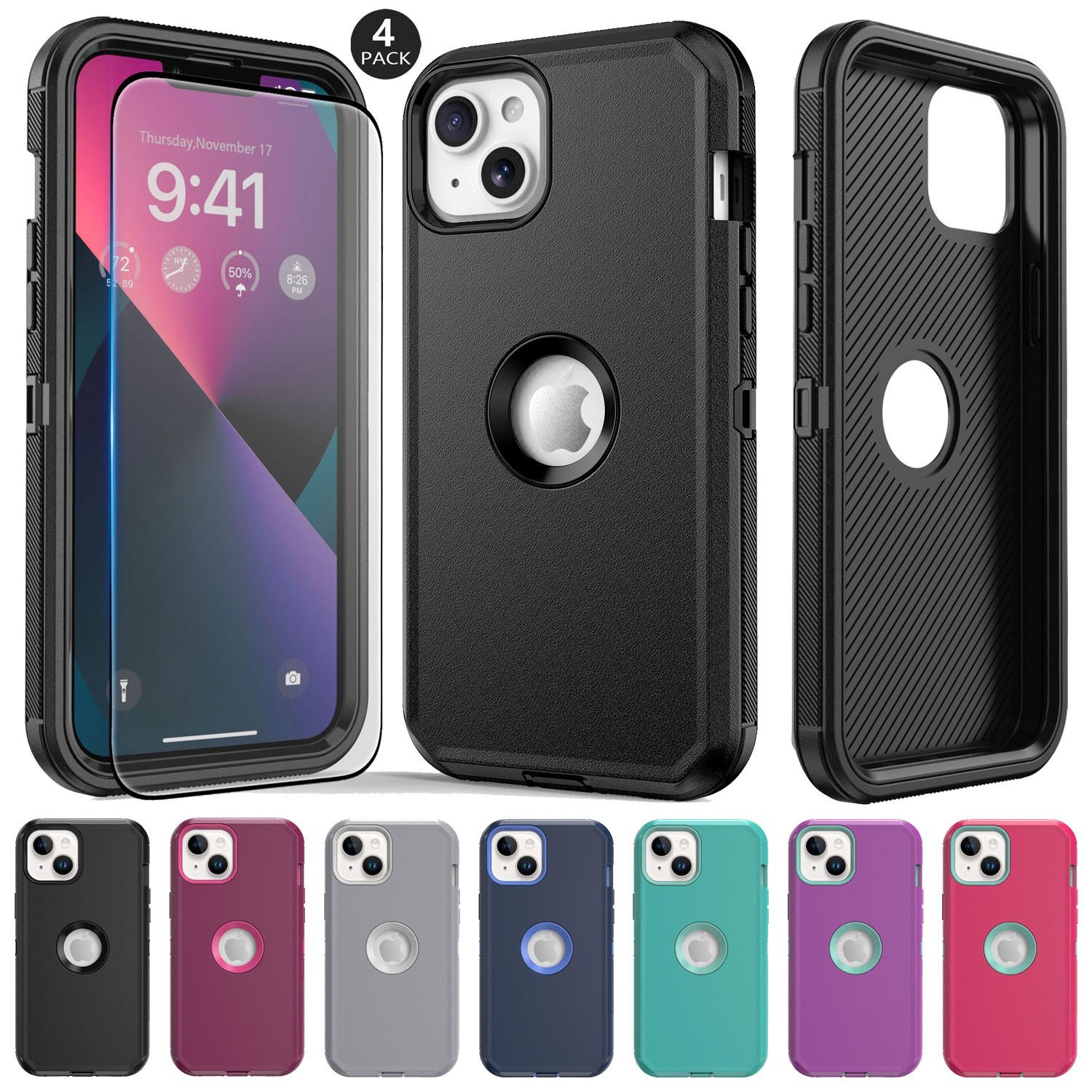 For iPhone 13 Rugged Shockproof Case Hard Soft Protective Cover / Tempered Glass