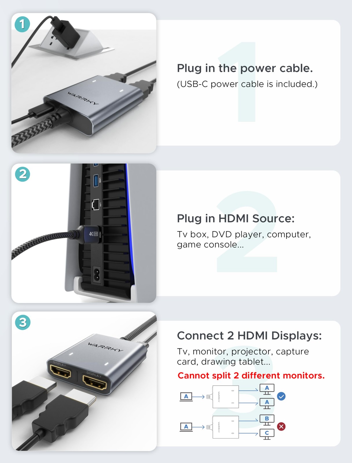 HDMI Splitter 4K, Display Mirror Same Screen Only (Not Extend Screen), HDMI S...
