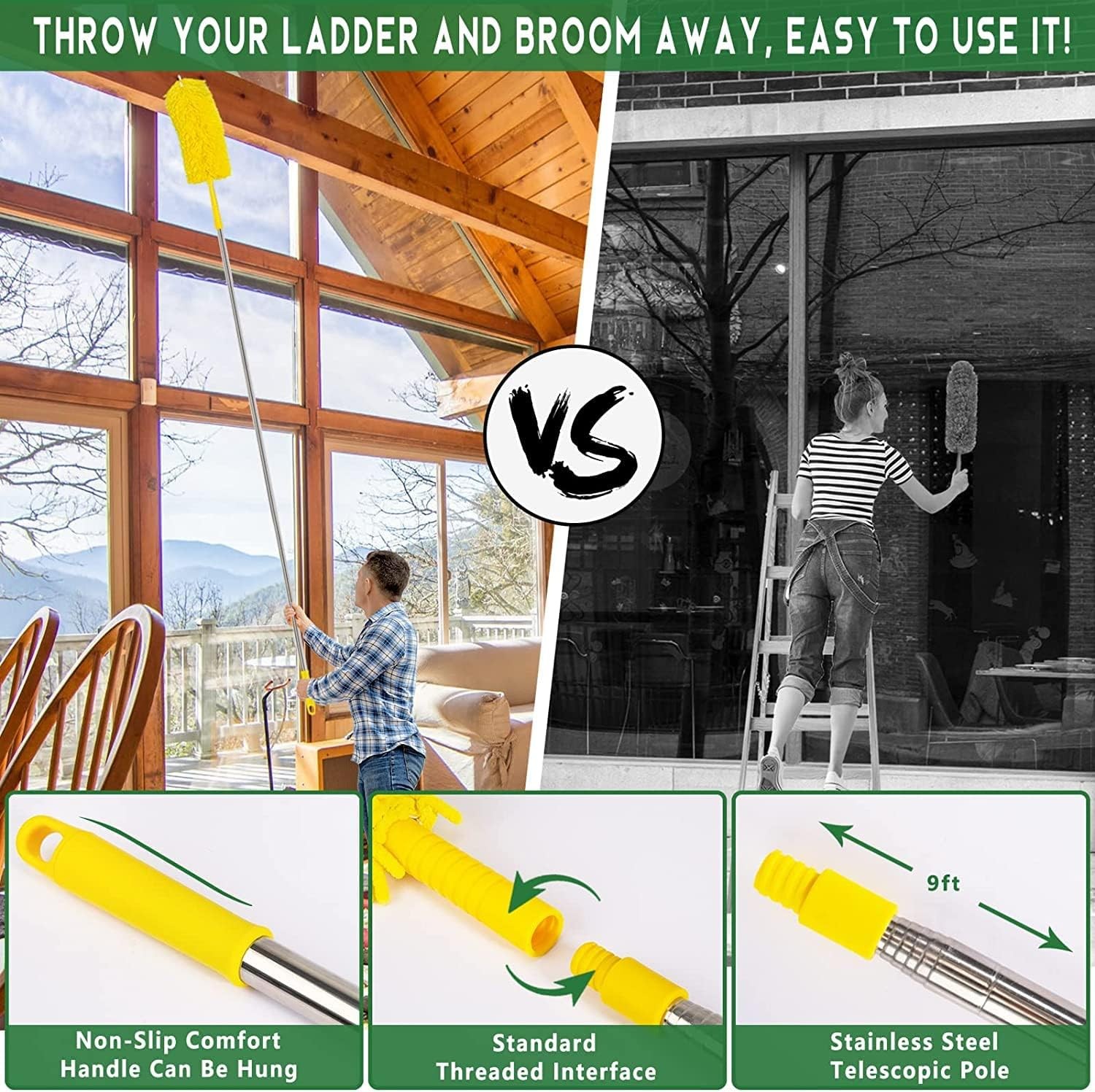 17FT Extendable Duster W/ 2-9 ft Extension Pole High Ceilings Cobweb Duster