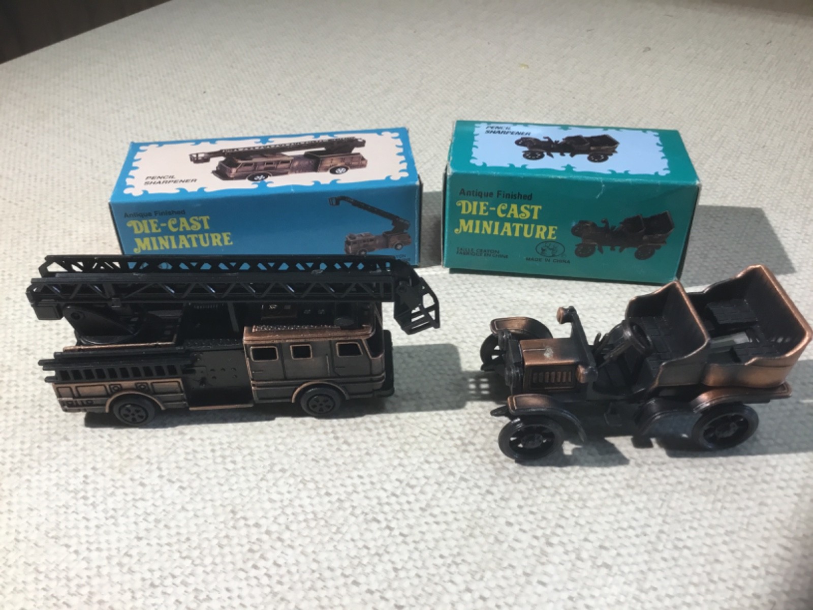 Pencil Sharpener Fire Engine & Antique Car.  Die cast.   NIB.