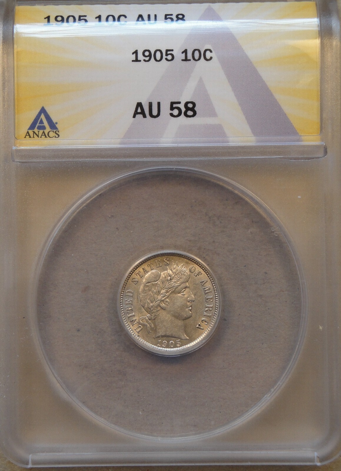 1905 Barber Dime 10c ANACS Certified AU58