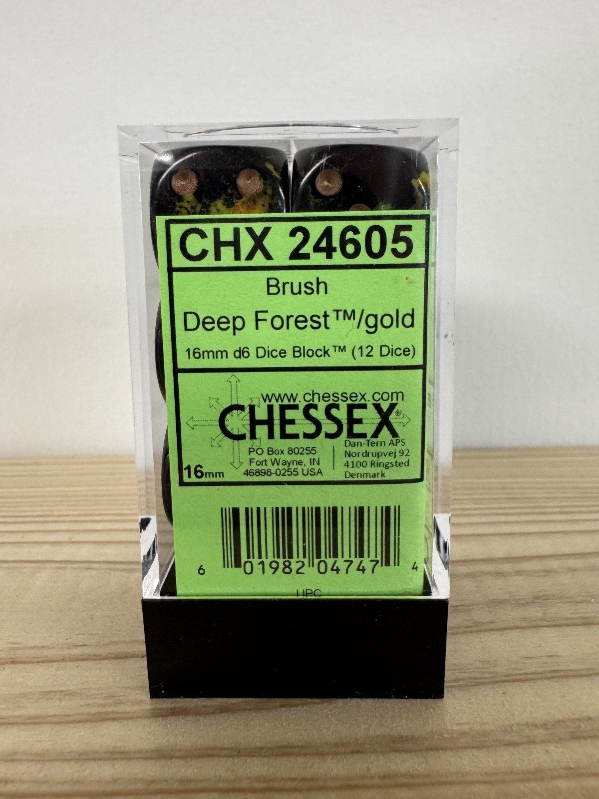 BRUSH DEEP FOREST / GOLD DICE SET - 16MM D6 DICE BLOCK - CHESSEX GAMING DICE