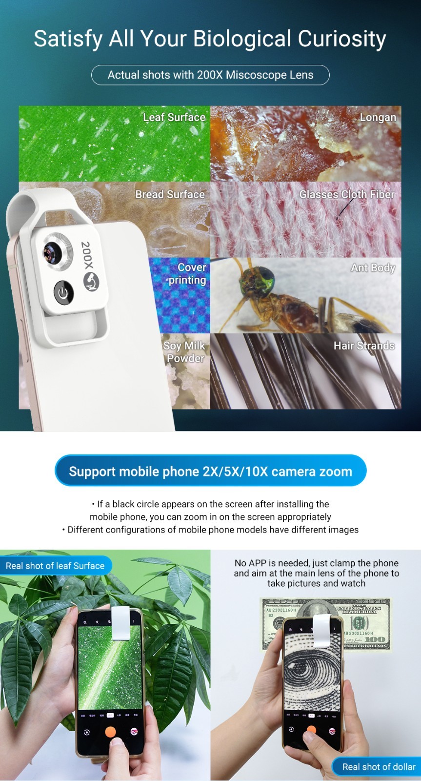 200X Mobile Phone Microscope Lens High Magnification Moveable for iPhone/Android