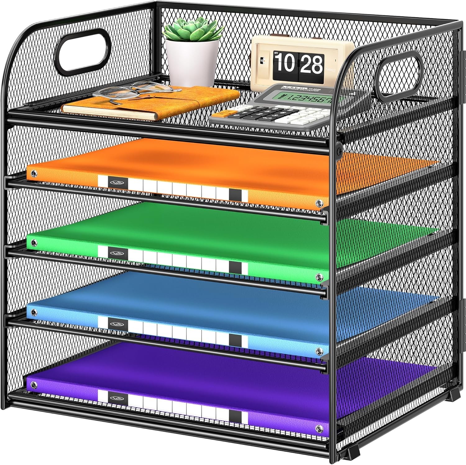 5 Tier Paper Organizer with Handle, Black Metal Mesh Desk Organizer File Folder